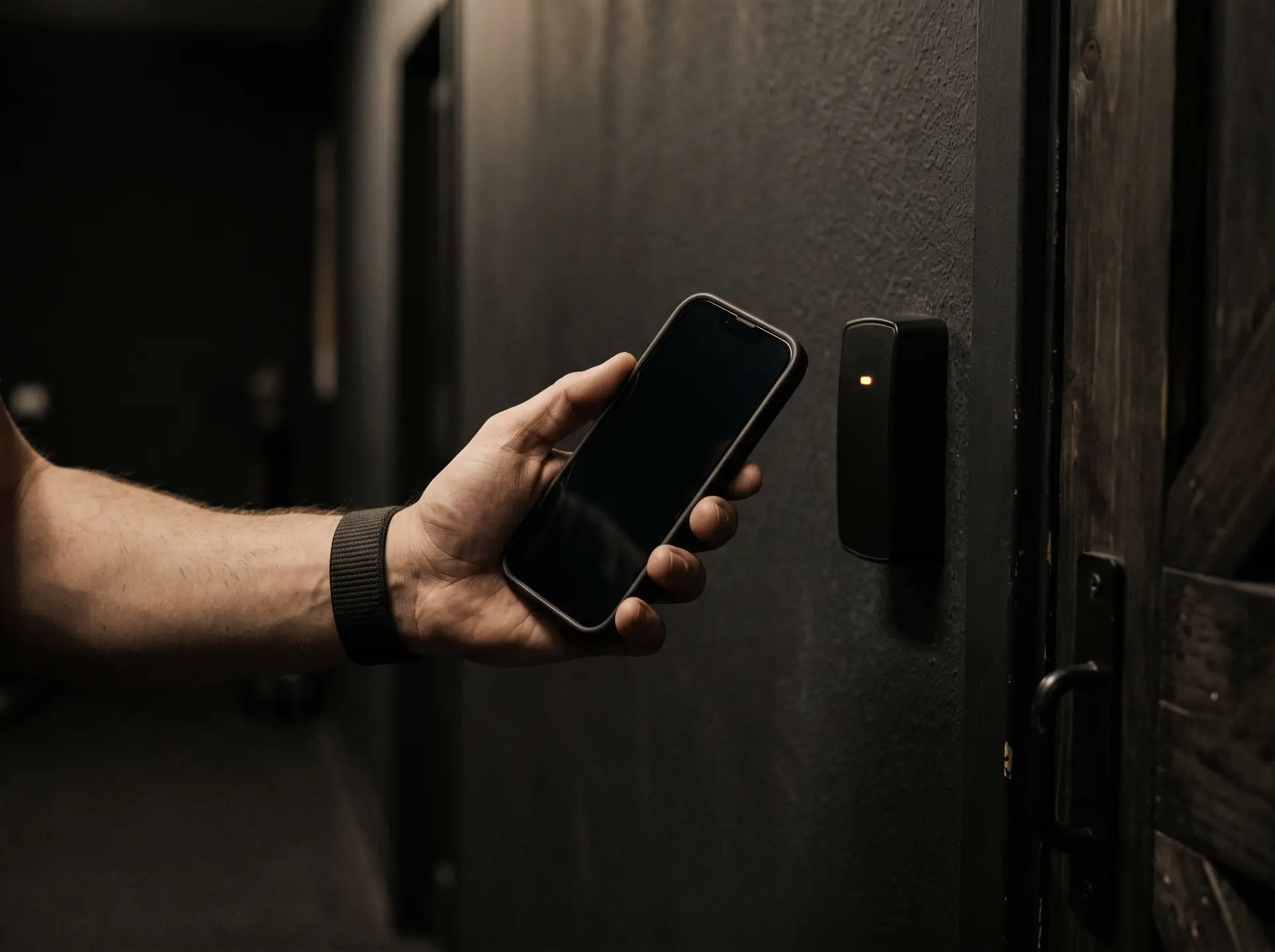A phone held up to an access reader beside a door