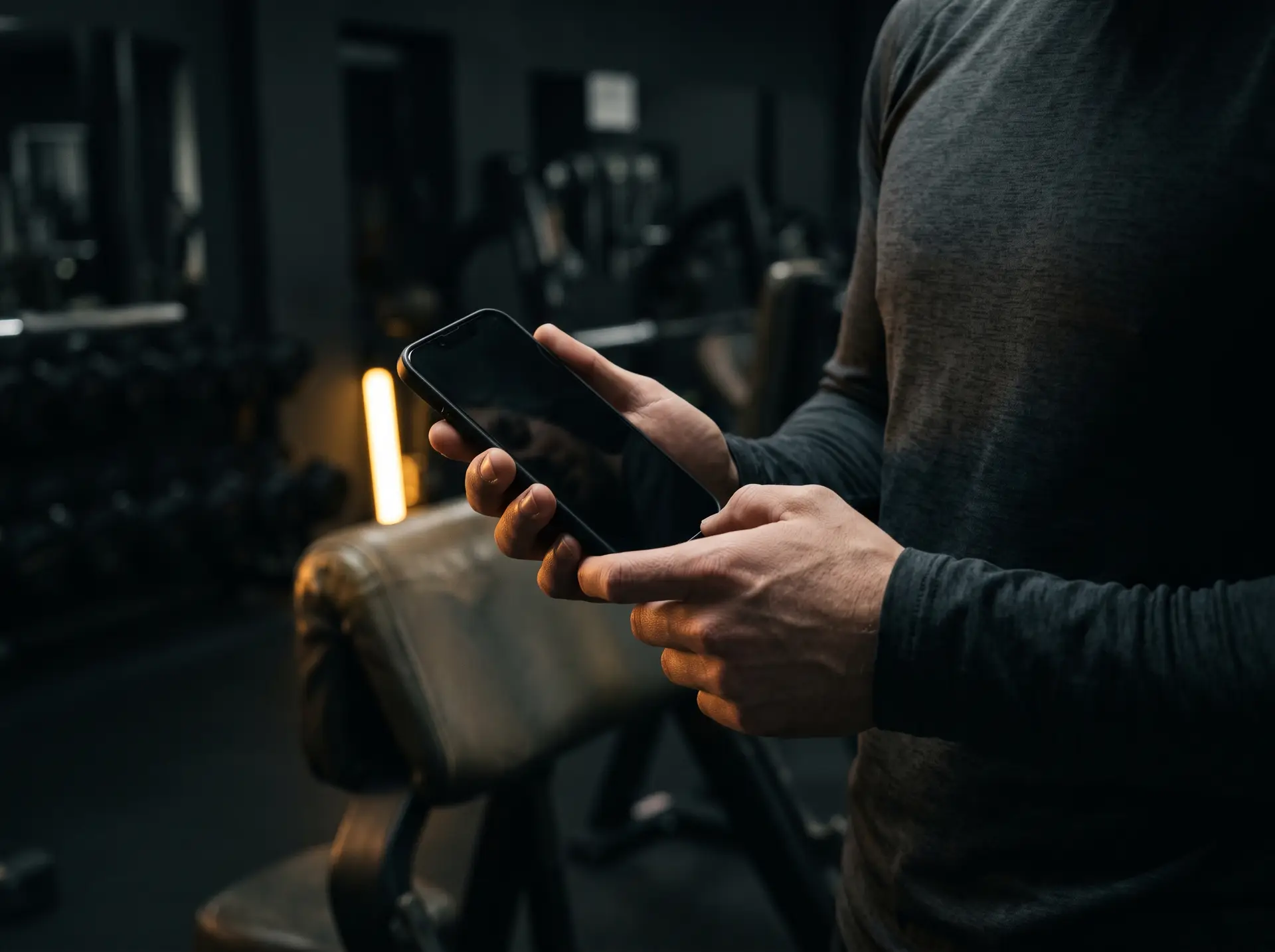 Someone holding a phone with the gym floor behind them