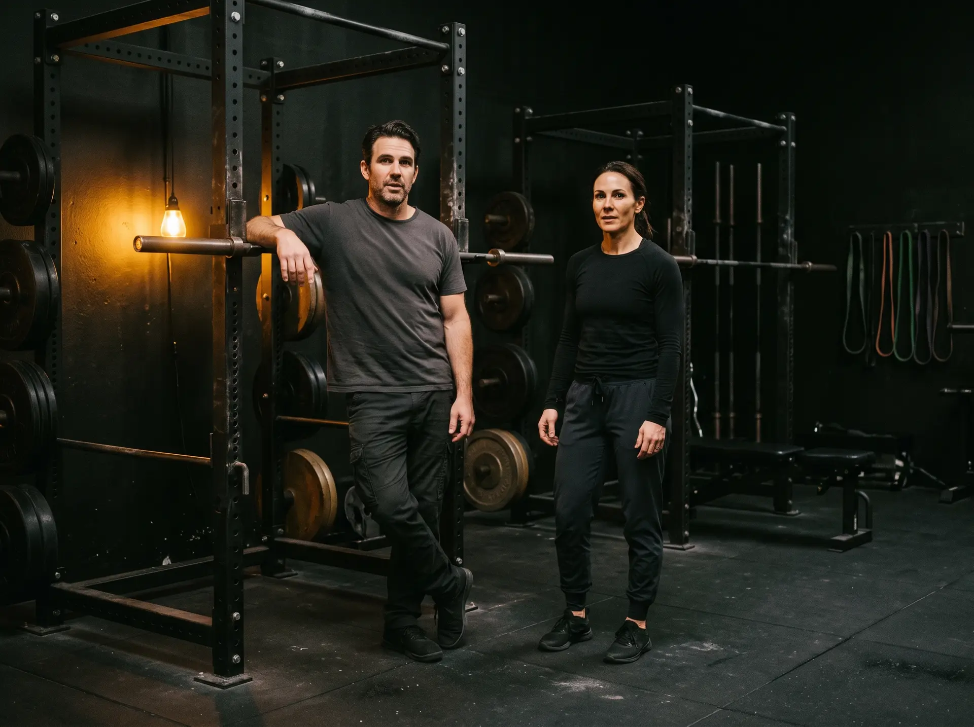 Two co-owners standing together on their training floor