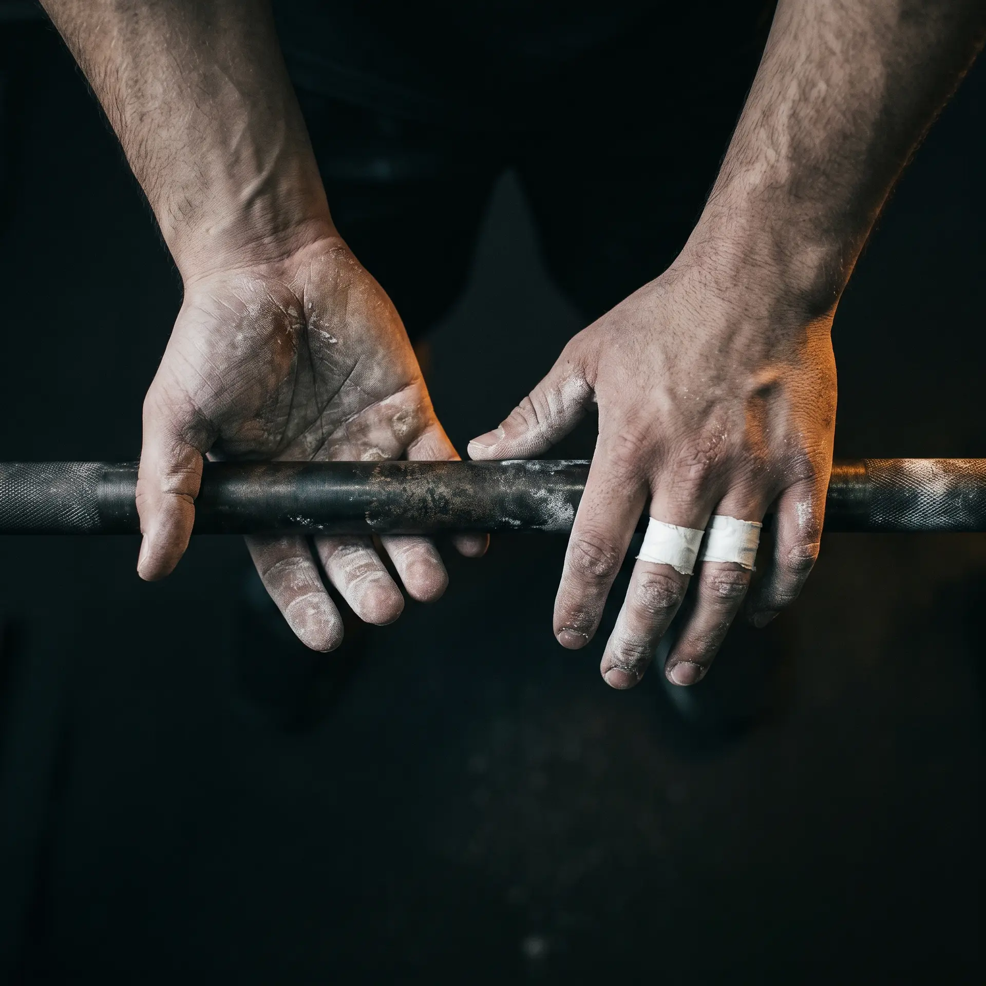A pair of worn hands resting on a barbell