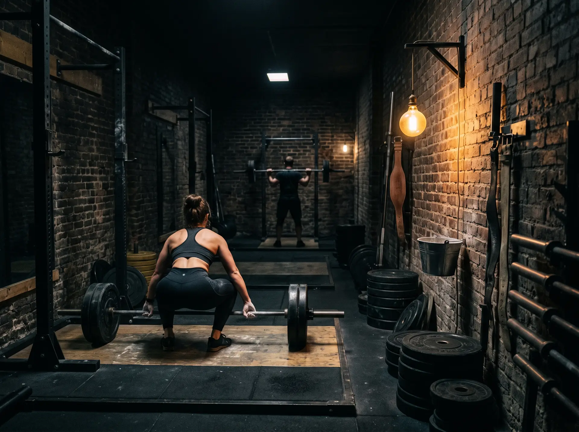 An independent strength gym in use, racks and platforms under low light