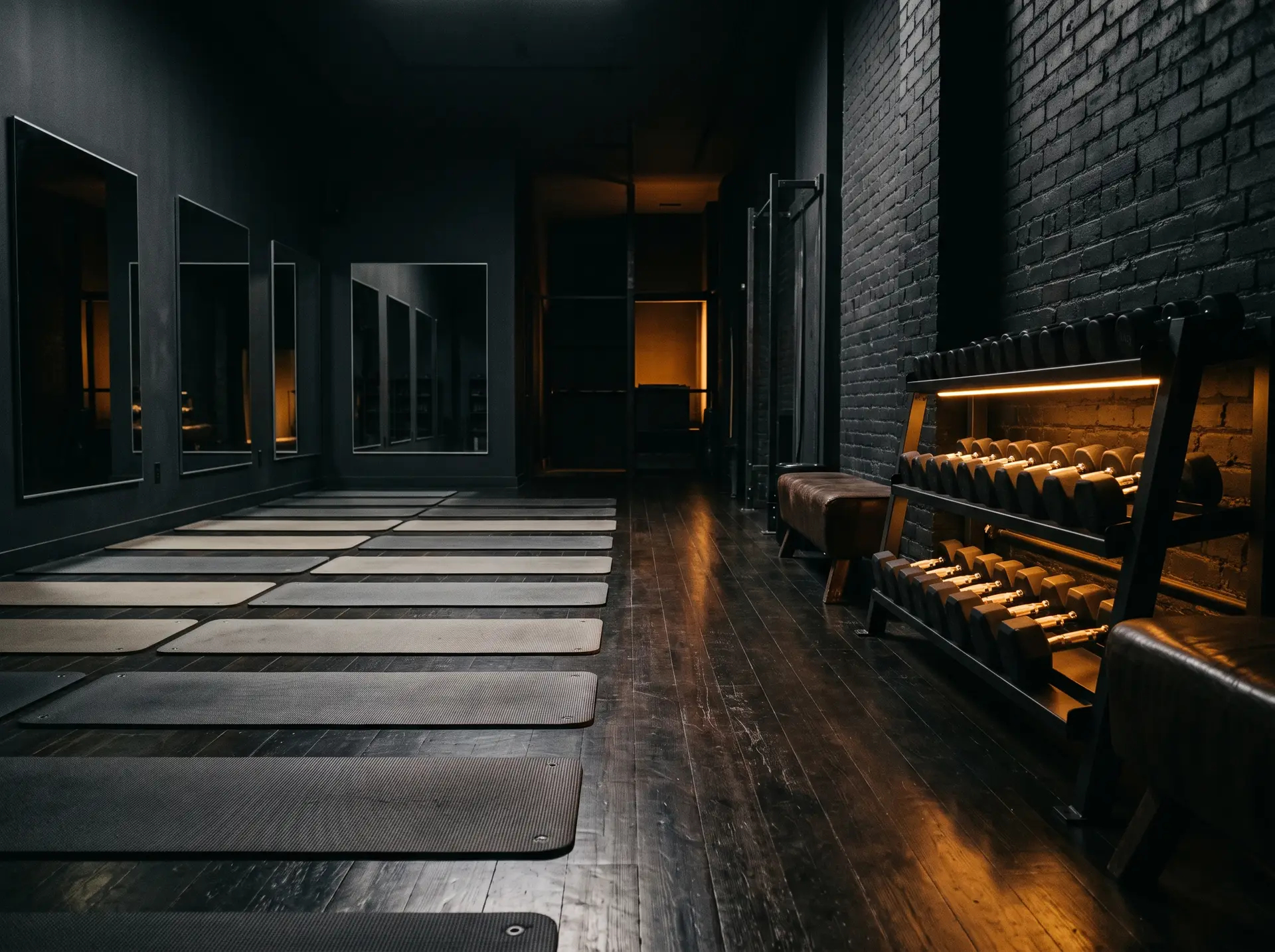 An empty boutique fitness studio, clean lines and warm low light